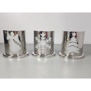 3 Metal Half-Circle Tea Light Holder w/ Frosted Glass Holiday Luminary Christmas